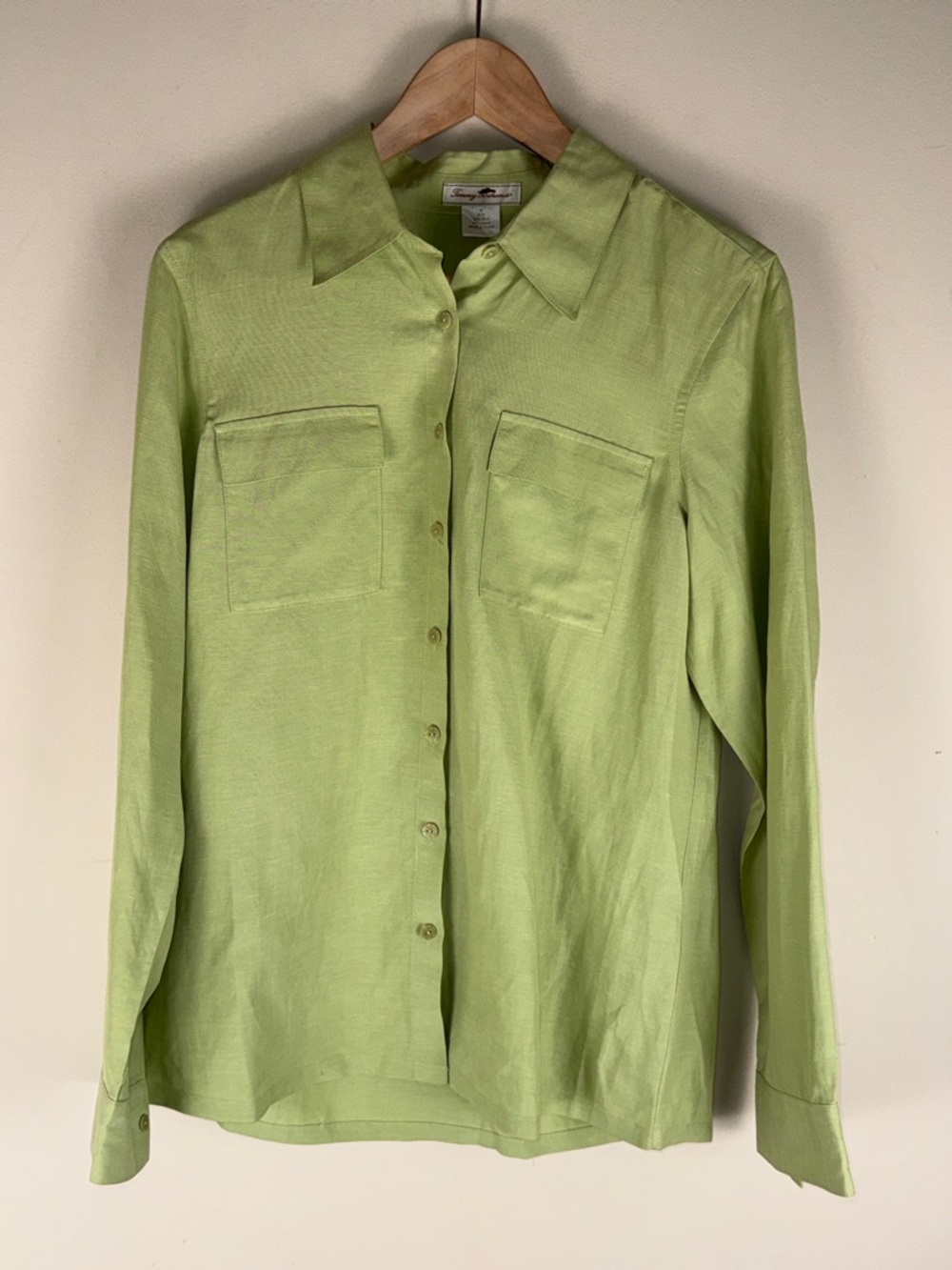 Tommy Bahama Silk Linen Blend Women's Green Long Sleeve Button Up Top Resort Med